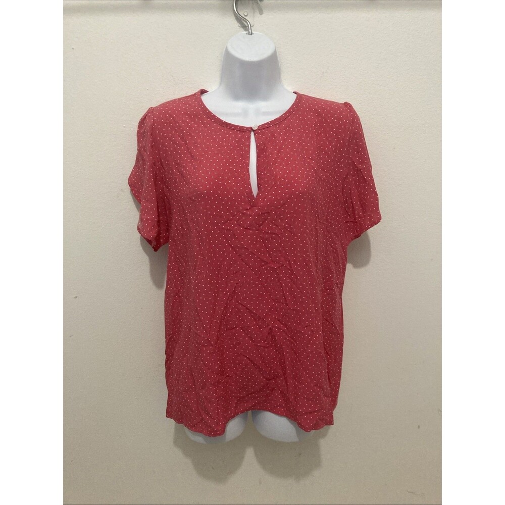 ANN TAYLOR LOFT pink white polka dot keyhole flutter short sleeve rayon top L